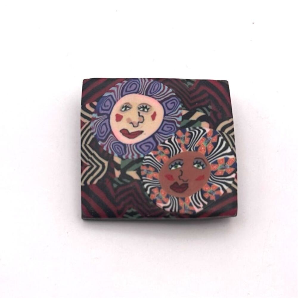 Celestial Painted Wood Pin Square Brooch Sun Flower Face Artisan Artsy Vintage